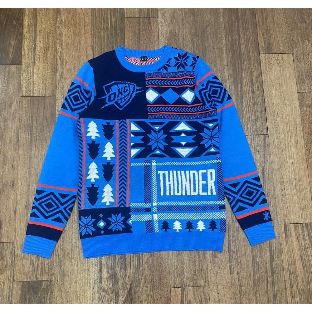 Klew NBA Men's Oklahoma City Thunder Patches Ugly Sweater Blue Small